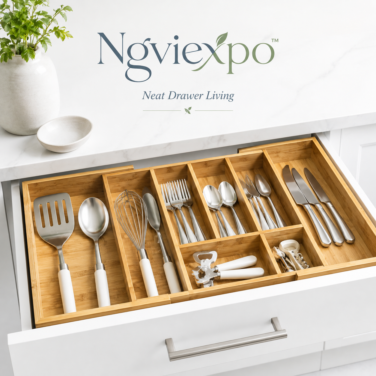 Ngviexpo™ Expandable Bamboo Drawer Organizer, Adjustable Kitchen Utensil Tray, Silverware and Cutlery Storage Insert