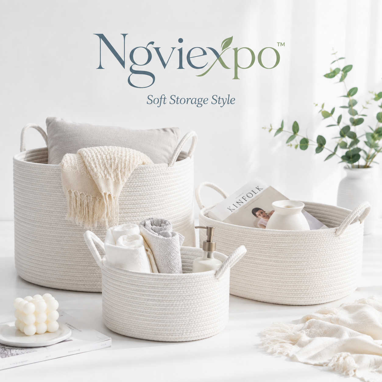 Ngviexpo™ Cotton Rope Storage Basket Set, Woven Home Organizer Bins with Handles, Decorative Shelf and Closet Baskets