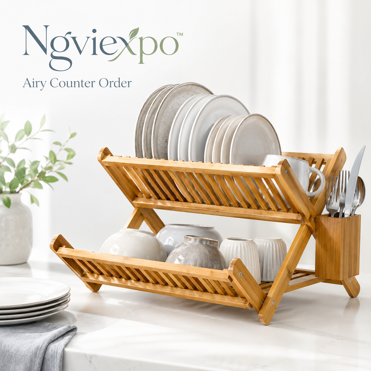 Ngviexpo™ Foldable Bamboo Dish Drying Rack, Two-Tier Kitchen Counter Drainer, Plate and Cup Organizer