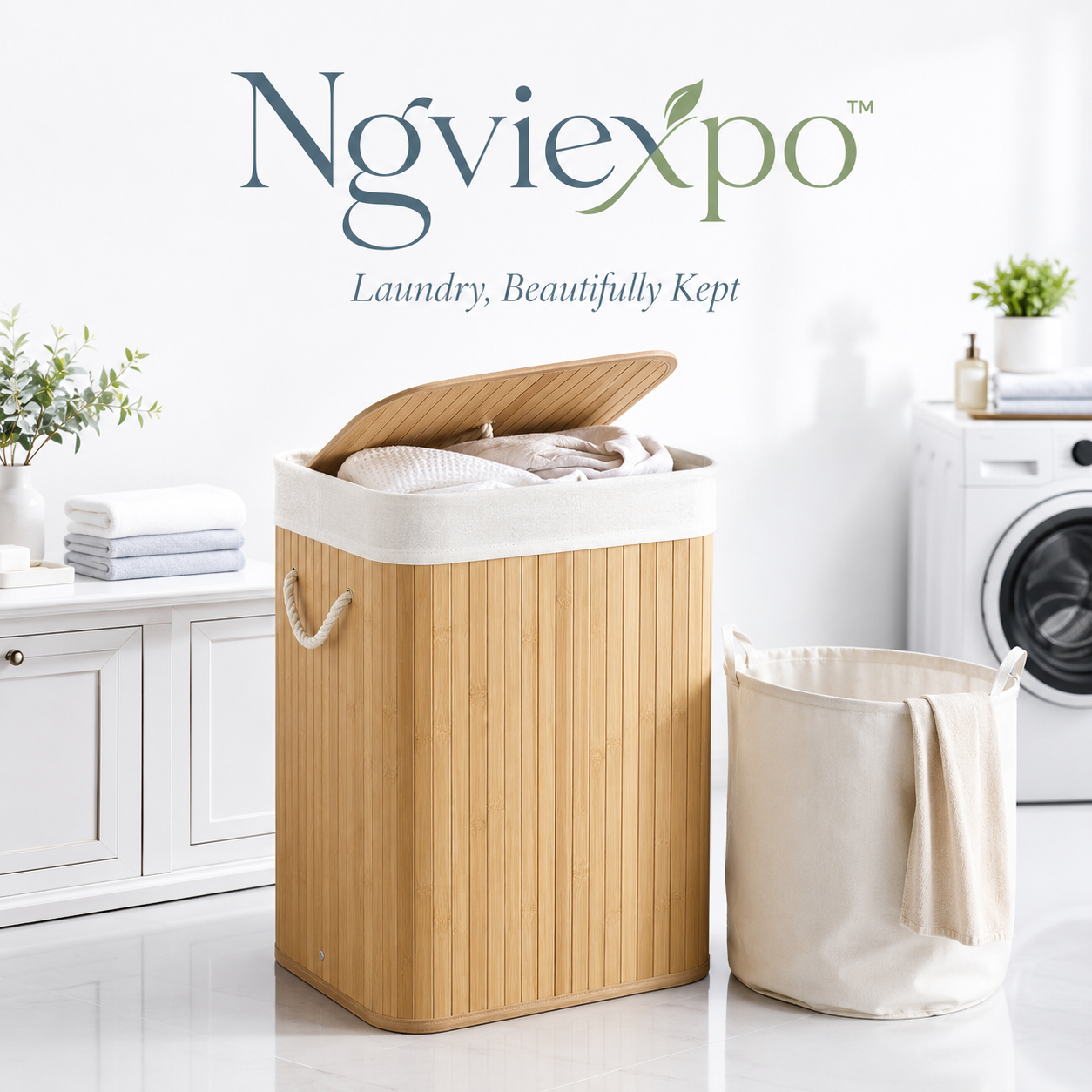 Ngviexpo™ Bamboo Laundry Hamper with Lid, Foldable Clothes Basket, Removable Washable Cotton Liner