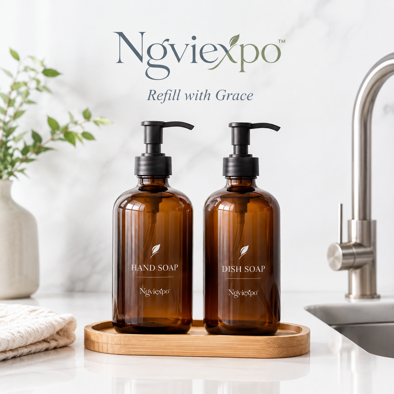 Ngviexpo™ Amber Glass Soap Dispenser Set with Bamboo Tray, Refillable Hand Soap and Dish Soap Bottles, 2-Pack