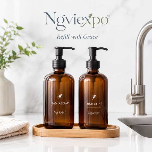 Ngviexpo™ Amber Glass Soap Dispenser Set with Bamboo Tray, Refillable Hand Soap and Dish Soap Bottles, 2-Pack